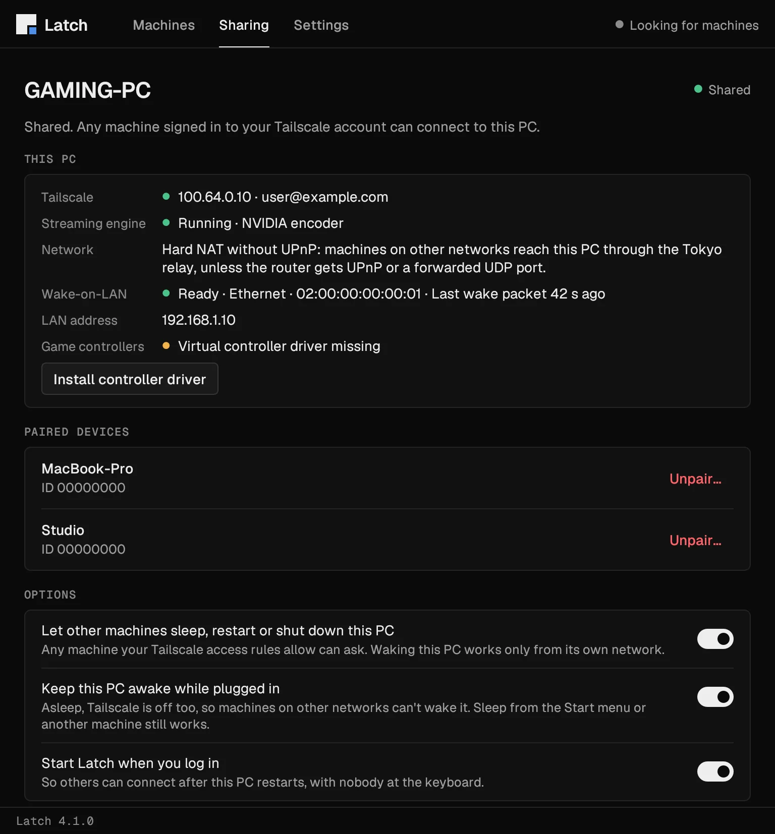 The Latch Sharing tab for a Windows PC: its Tailscale address, the streaming engine, a relayed network path, Wake-on-LAN status, two paired devices and three sharing options.