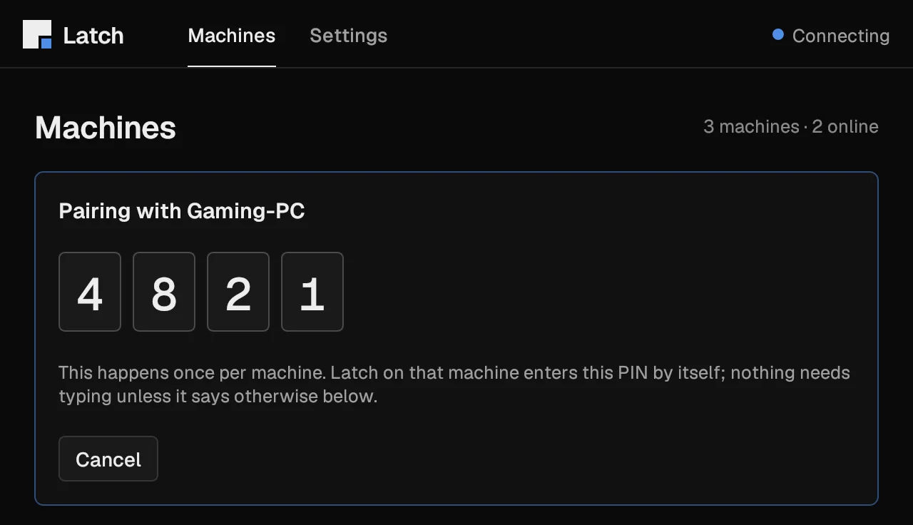 Latch pairing with a machine called Gaming-PC: a four-digit PIN shown in large boxes, and a note that Latch on that machine enters the PIN by itself.