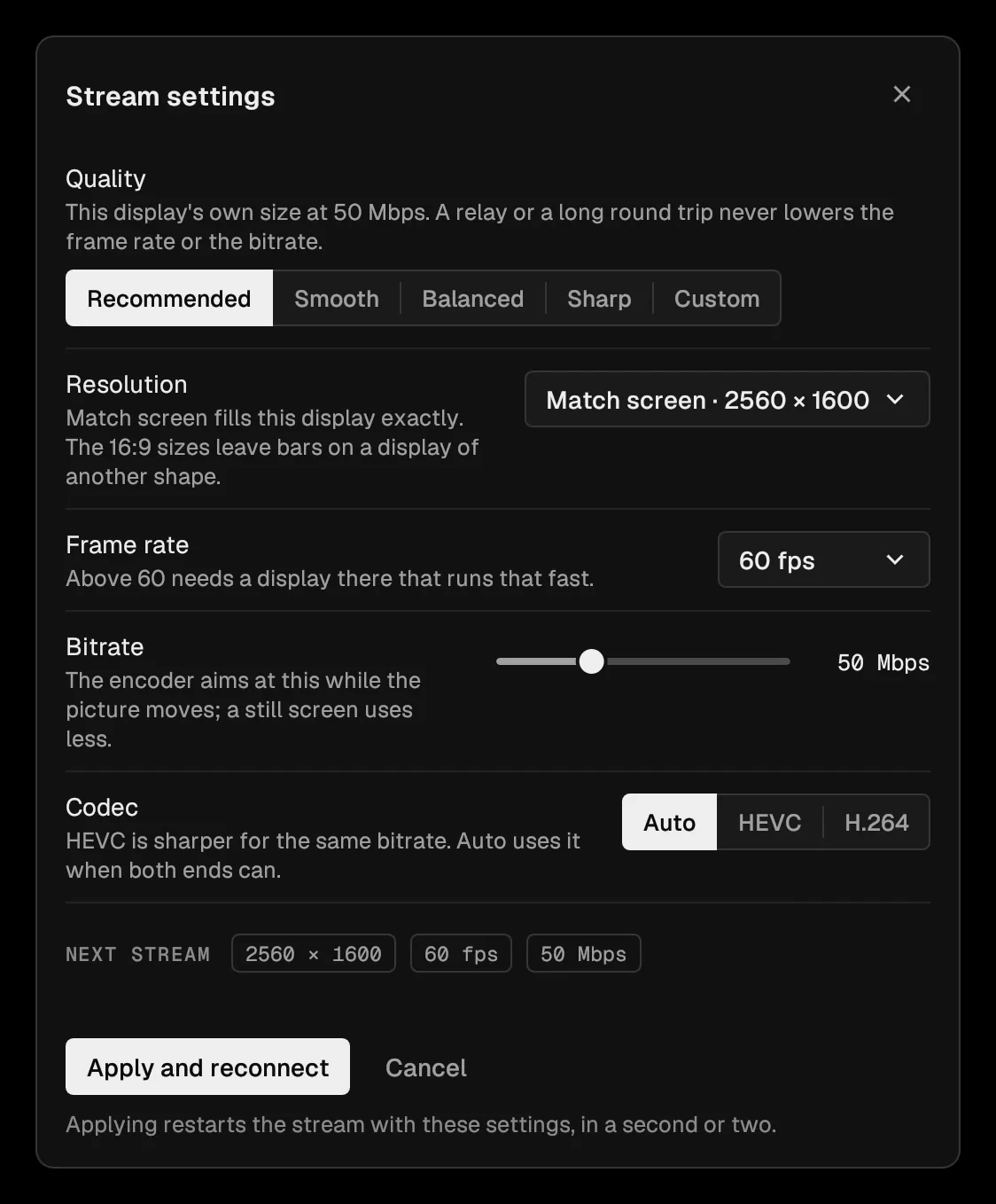 The Stream settings dialog: quality presets, resolution, frame rate, a bitrate slider and the codec choice.