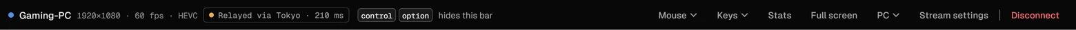 The toolbar over a running stream: the machine, resolution, frame rate, codec and relayed path, with menus for the mouse, keys, stats, the PC and the stream settings.